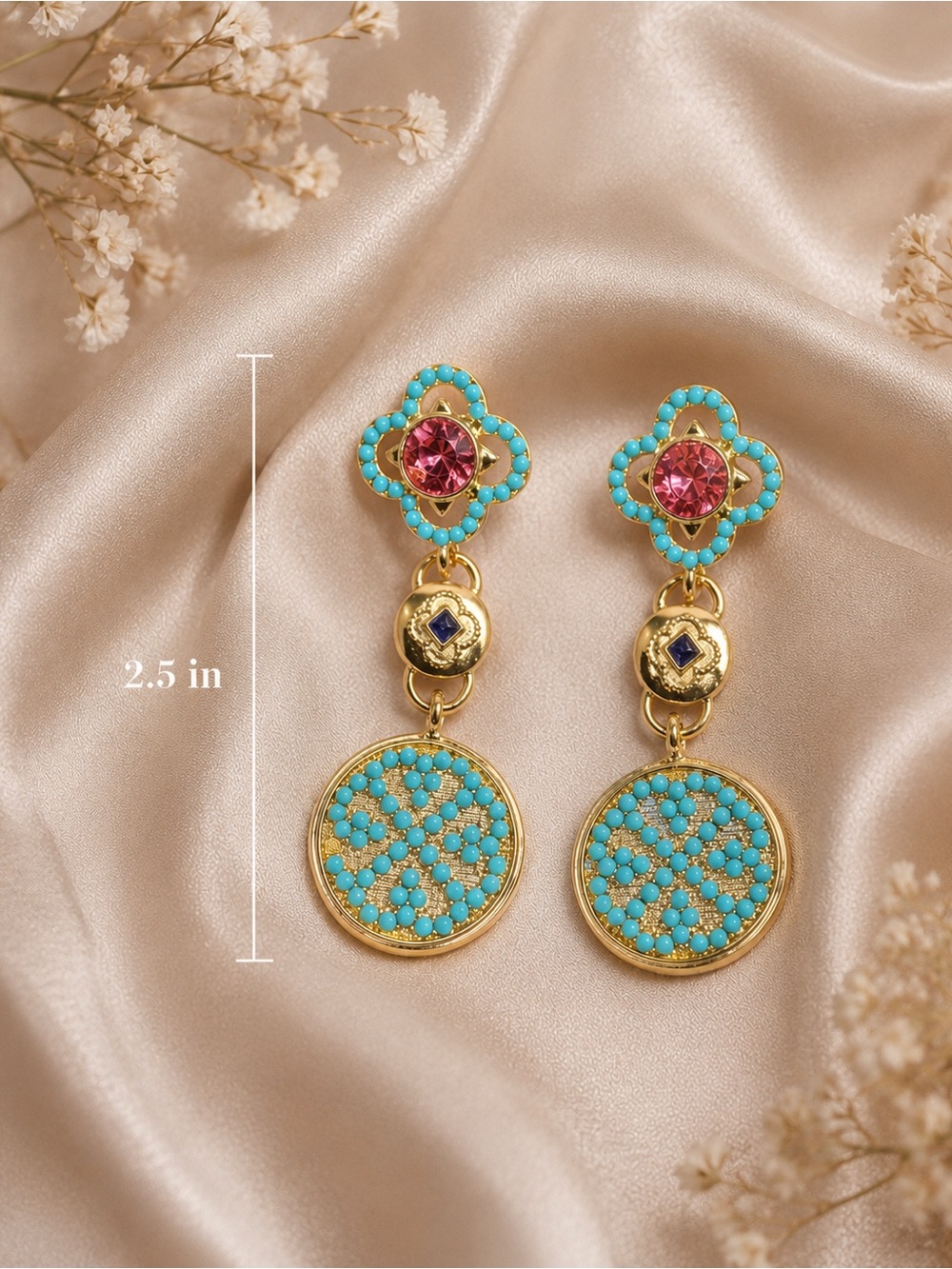 Rare Anthropologie Gold Turquoise Pink Drop Earrings Bohemian Chic Women Jewelry - Picture 2 of 5